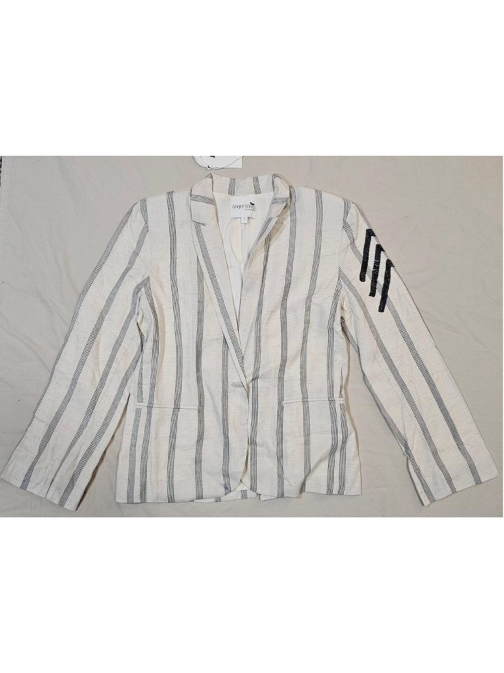 Women's Angel Wings Linen Striped Blazer Jacket Size S Beige Black